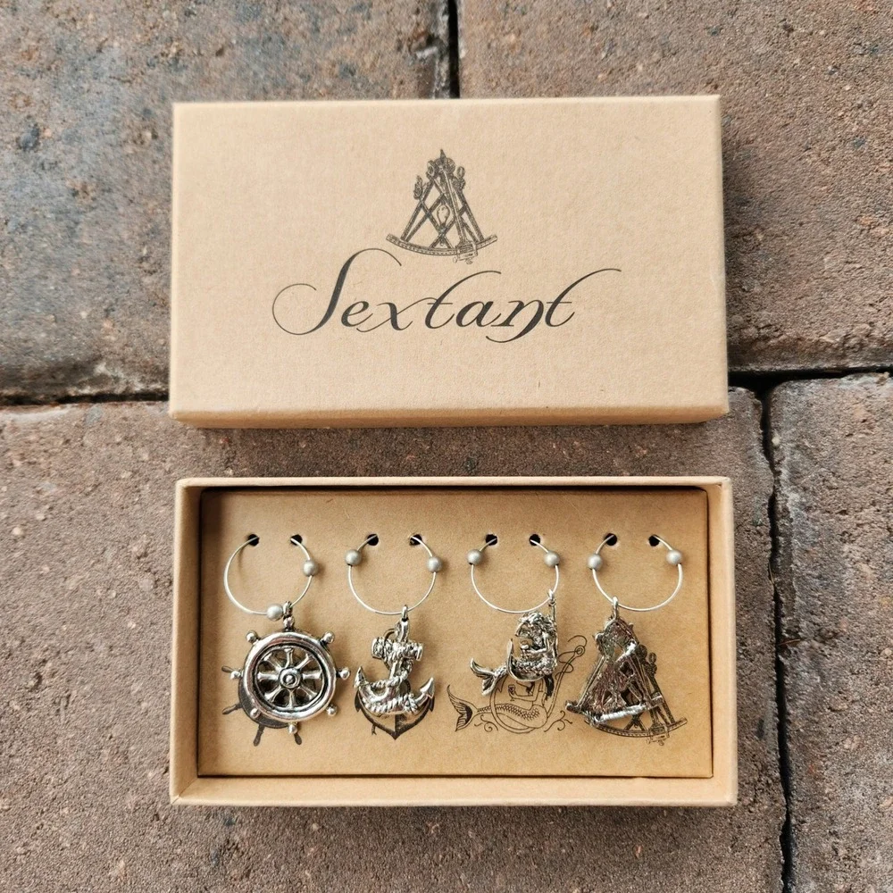 NEW Nautical Wine Glass Charms Set 4pc Silver‎ Anchor Mermaid Ship Wheel Boxed